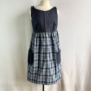 1960s 1970s Denim & Plaid Sundress with Pockets